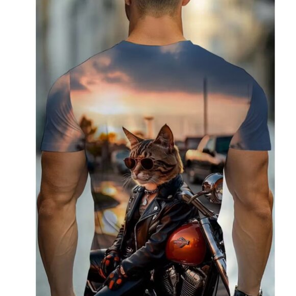 Graphic Print Short Sleeve T-Shirt, Cool Cat Riding Motorcycle & Fashion Glasses - Picture 2 of 14